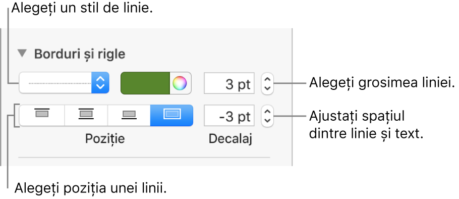 Comenzile pentru schimbarea stilului, grosimii, poziției și culorii liniei.