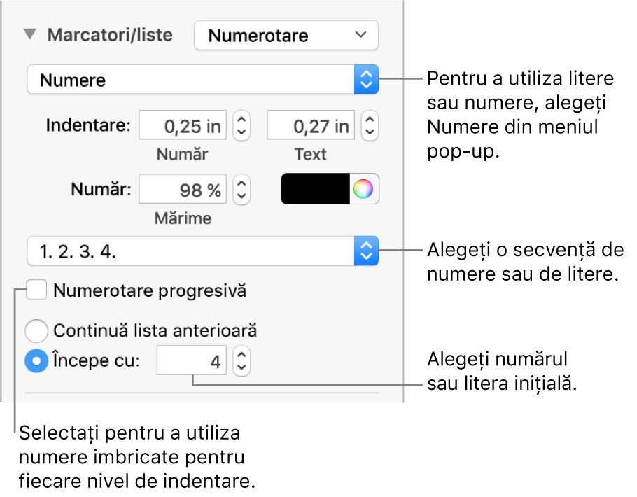 Comenzi pentru a modifica stilul de numere și spațierea unei liste.