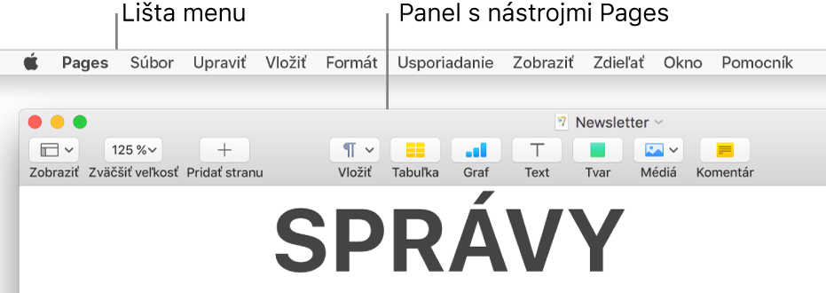 Menu lišta v hornej časti obrazovky s Apple, Pages, Súbor, Upraviť, Vložiť, Formátovať, Usporiadať, Zobraziť, Zdieľať, Okno a Pomocník menu. Pod tým je otvorený dokument Pages s tlačidlami panela s nástrojmi v hornej časti pre funkcie Zobraziť, Zmeniť veľkosť, Pridať strany, Vložiť, Tabuľka, Graf, Text, Tvar, Médiá a Komentár.