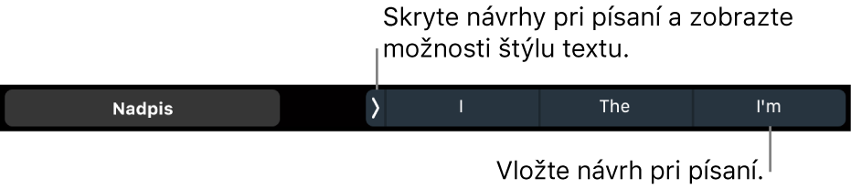 Touch Bar na MacBooku Pro s ovládacími prvkami na výber štýlu textu, skrytie návrhov pri písaní a vkladanie návrhov pri písaní.