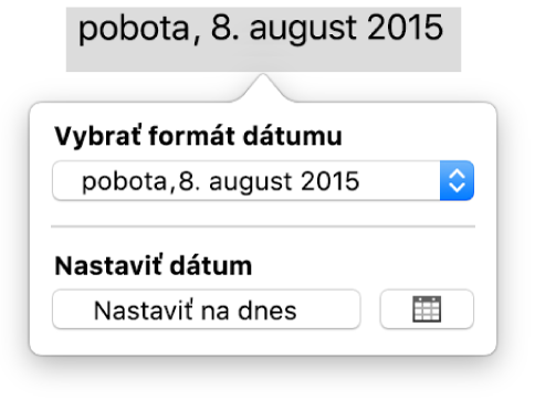 Vyskakovacie menu Dátum a čas, ktoré zobrazuje vyskakovacie menu pre formát dátumu a tlačidlo Nastaviť na dnes.