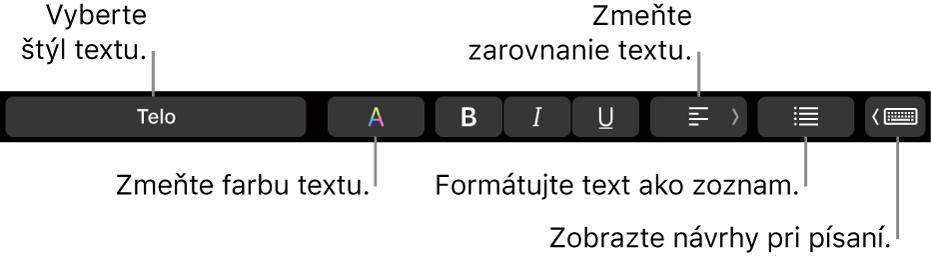 Touch Bar na MacBooku Pro s ovládacími prvkami na výber štýlu textu, zmenu farby textu, zmenu zarovnania textu, formátovanie textu ako zoznamu a zobrazenie návrhov pri písaní.