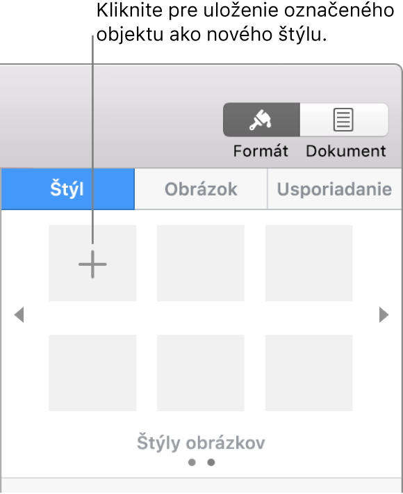 Záložka Štýl postranného panela Formát s tlačidlom Vytvoriť štýl v ľavom hornom rohu a piatimi prázdnymi vzorovými štýlmi.