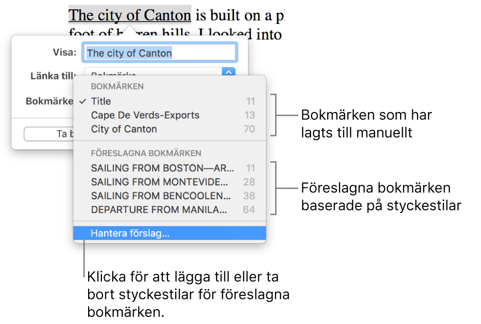 Bokmärkeslistan med manuellt tillagda bokmärken högst upp och föreslagna bokmärken under dem. Alternativet Hantera förslag finns längst ned.