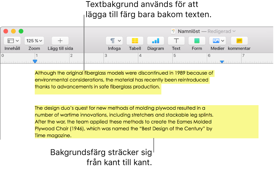 Ett stycke med färg bakom bara texten och ett annat stycke med färg bakom hela stycket, från kant till kant i ett block.