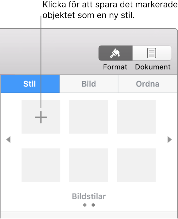 Fliken Stil i formatsidofältet med knappen Skapa stil i det övre vänstra hörnet och fem tomma stilplatshållare.