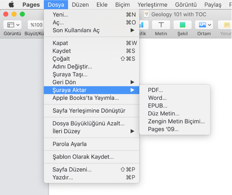 Şuraya Aktar seçili olarak ve alt menüsünde PDF, Word, Düz Metin, Zengin Metin Biçimi, EPUB ve Pages ’09 için dışa aktarma seçeneklerinin gösterildiği açık Dosya menüsü.