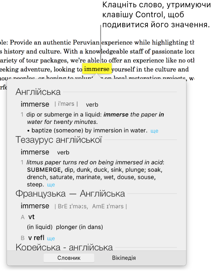 Абзац із виділеним словом і вікно, у якому відображається визначення цього слова та запис із тезаурусу. Дві кнопки внизу вікна містять посилання на словник і на Вікіпедію.