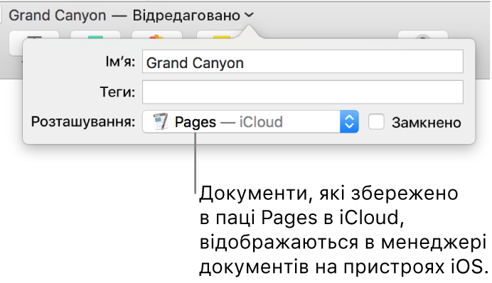 Діалогове вікно «Зберегти» для документа Pages — iCloud у спливному меню «Розташування».