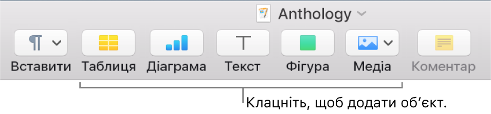 Панель інструментів Pages із кнопками «Таблиця», «Діограма», «Текст», «Фігура» й «Медіа».