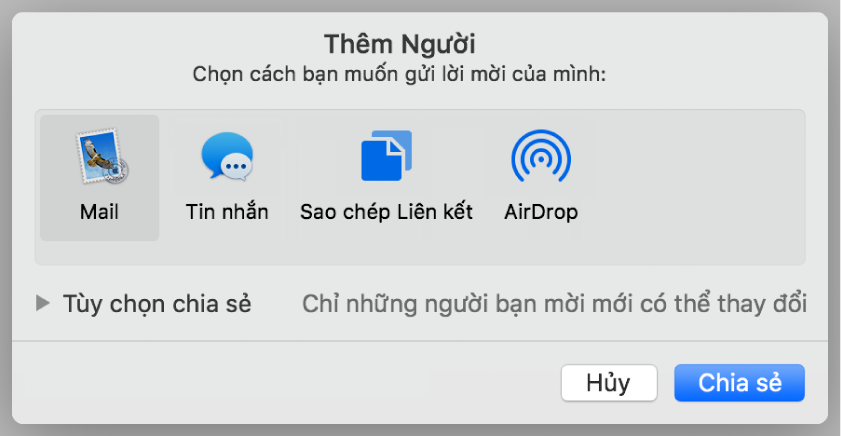 Cửa sổ cài đặt cộng tác có nút Chia sẻ ở dưới cùng.