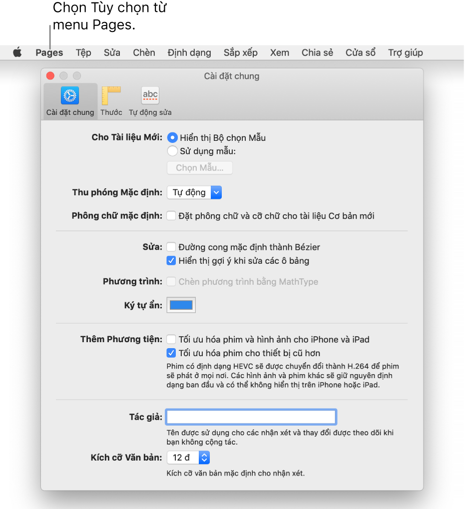 Cửa sổ tùy chọn Pages sẽ mở ở khung Cài đặt chung.