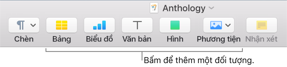 Thanh công cụ Pages với các nút Bảng, Biểu đồ, Văn bản, Hình và Phương tiện.