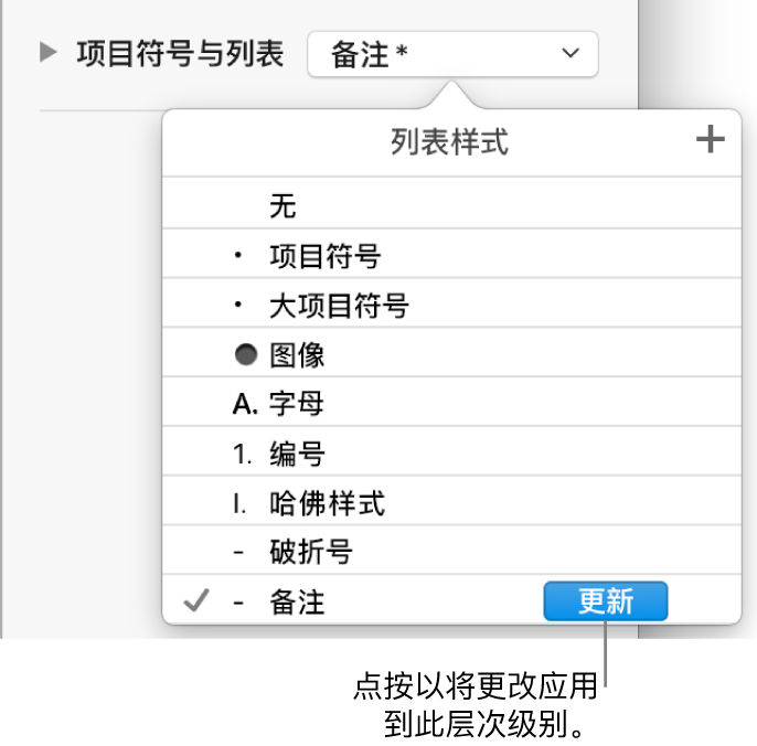 新样式的名称旁边具有“更新”按钮的“列表样式”弹出式菜单。