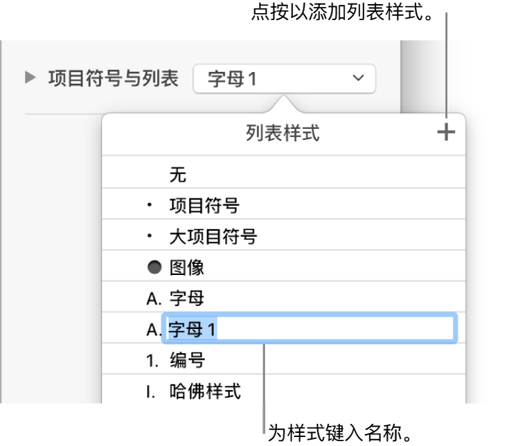 “列表样式”弹出式菜单，其中“添加”按钮位于右上角，占位符样式名称的文本被选中。