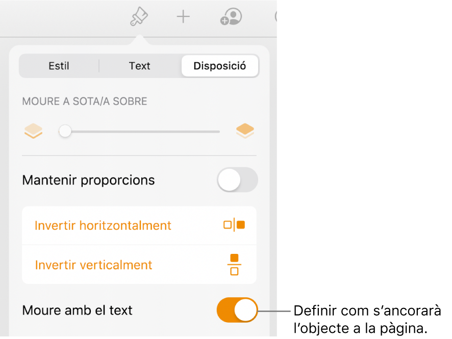 Els controls Disposició, amb “Moure enrere/davant”, “Moure amb el text” i “Ajustar text”.
