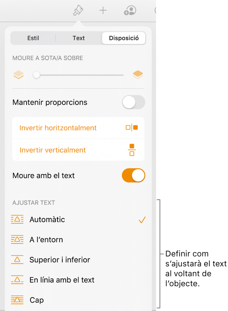 Els controls de l’opció “Ajustar text”, amb “Moure enrere/davant”, “Moure amb el text” i “Ajustar text”.