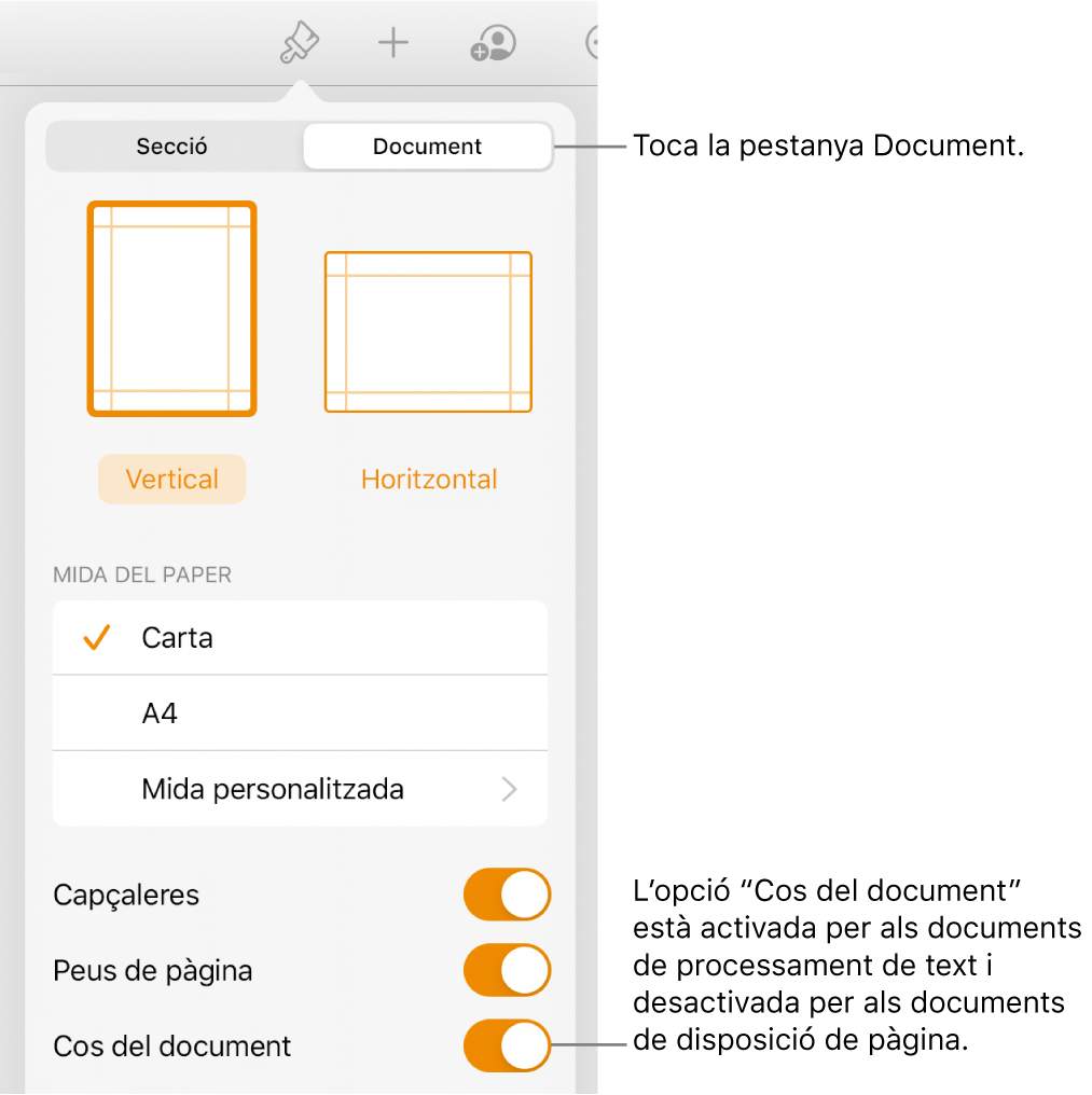Els controls de “Format del document” amb l’opció “Cos del document” activada cap a la part inferior de la pantalla.