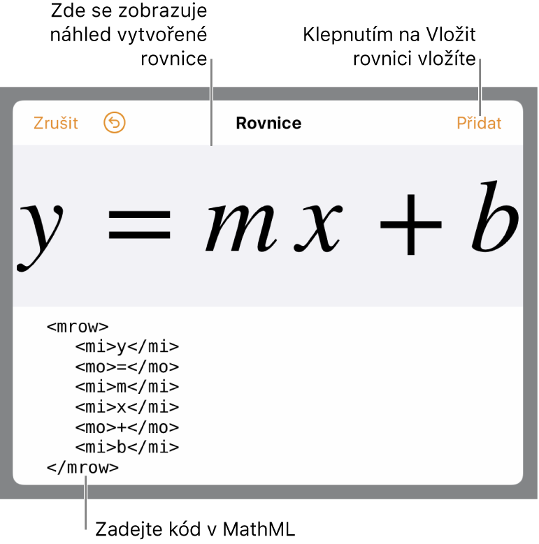 Rovnice směrnice přímky zapsaná v kódu MathML a nad ní náhled výsledného vzorce