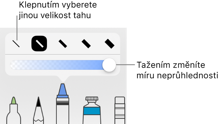 Ovládací prvky pro výběr velikosti tahu a jezdec pro úpravu neprůhlednosti.