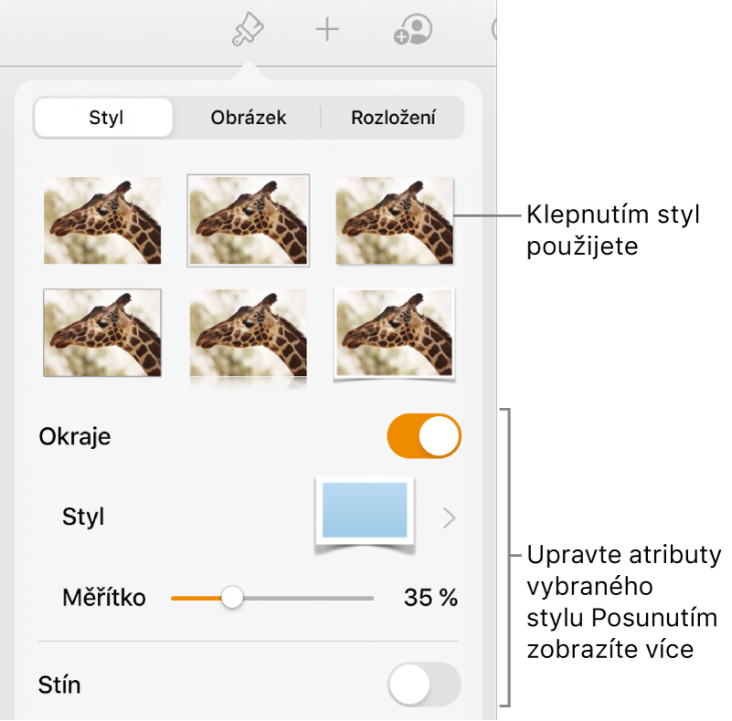 Panel Styl v nabídce Formát se styly objektů u horního okraje. Pod nimi jsou ovládací prvky pro ohraničení, stín, odraz a neprůhlednost.