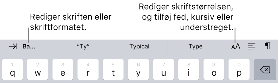 Knapperne til formatering af tekst over tastaturet med indrykning til venstre og derefter skrift, tre felter til forventet tekst, skriftstørrelse, justering og indsæt.