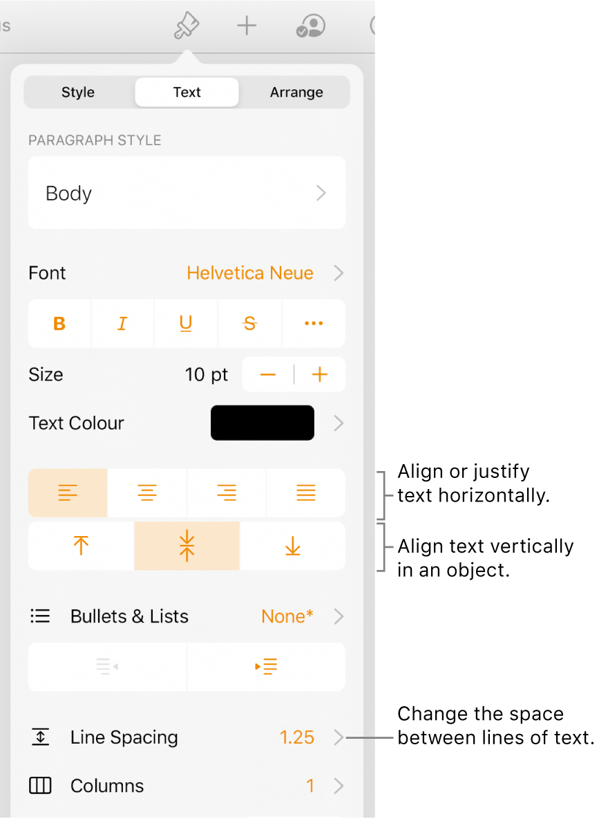 The Layout pane with a call out to the text alignment and spacing buttons.