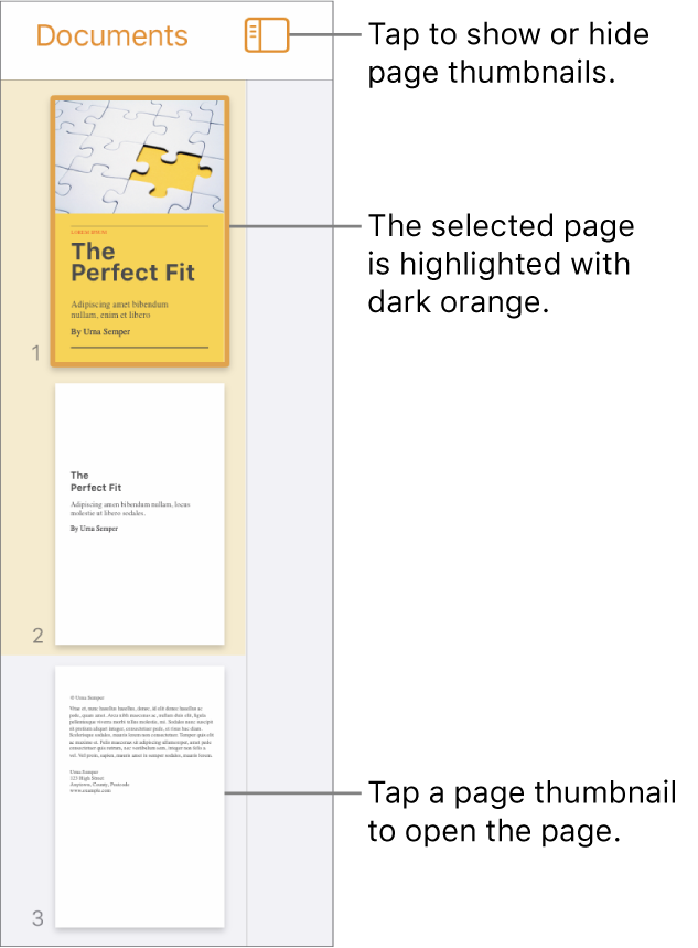 Page Thumbnails view on the left side of the screen with a two-page section, a separator line, then one page of the next section. The View button is above the thumbnails.