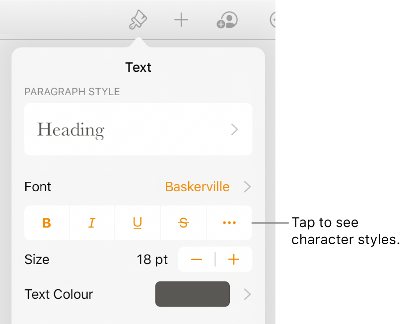 The Format controls with paragraph styles at the top, then Font controls. Below Font are the Bold, Italic, Underline, Strikethrough and More Text Options buttons.