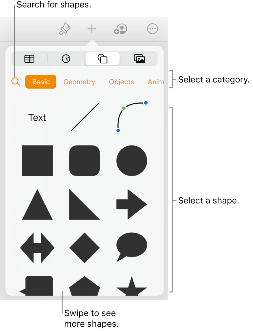 The shapes library, with categories at the top and shapes displayed below. You can use the search button at the top to find shapes and swipe to see more.
