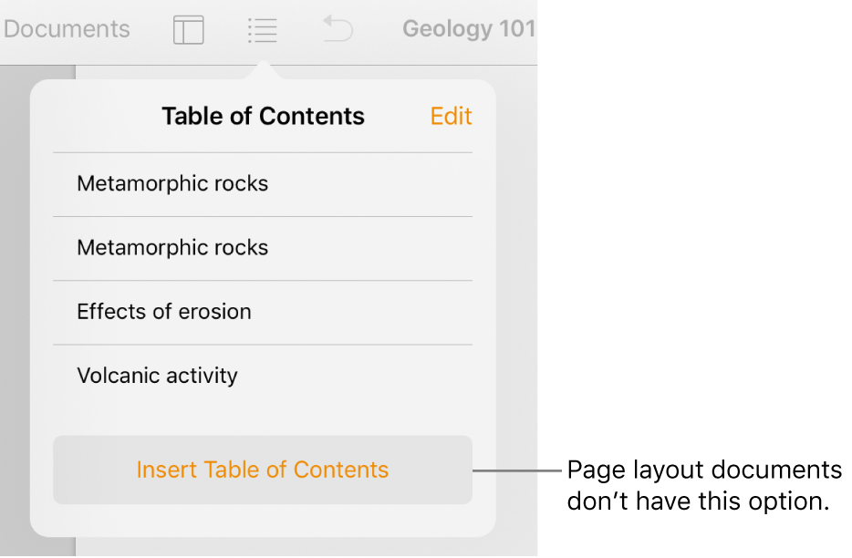 The table of contents view with Edit in the top-left corner, TOC entries, and the Insert Table of Contents button at the bottom.