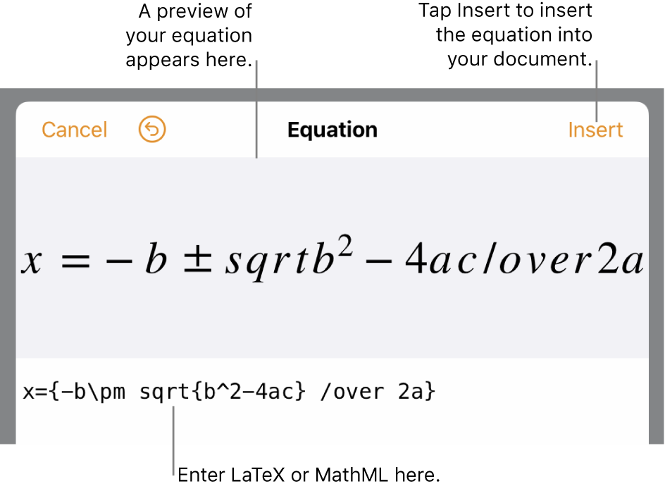 The equation editing dialog, showing the quadratic formula written using LaTeX commands, and a preview of the formula above it.