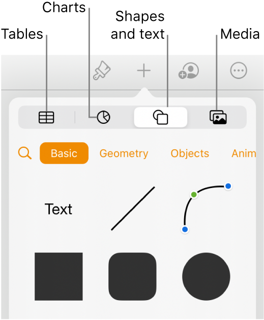 The Insert popover open with buttons for adding tables, charts, text, shapes, and media at the top.