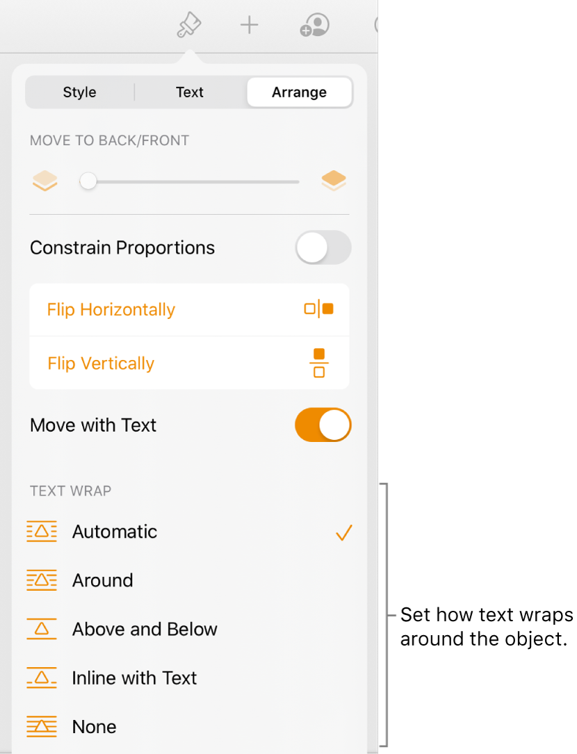 The Text Wrap controls with Move to Back/Front, Move with Text, and Text Wrap.