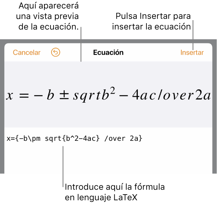 La fórmula cuadrática escrita con LaTeX en el campo de ecuación y la previsualización de la fórmula a continuación.