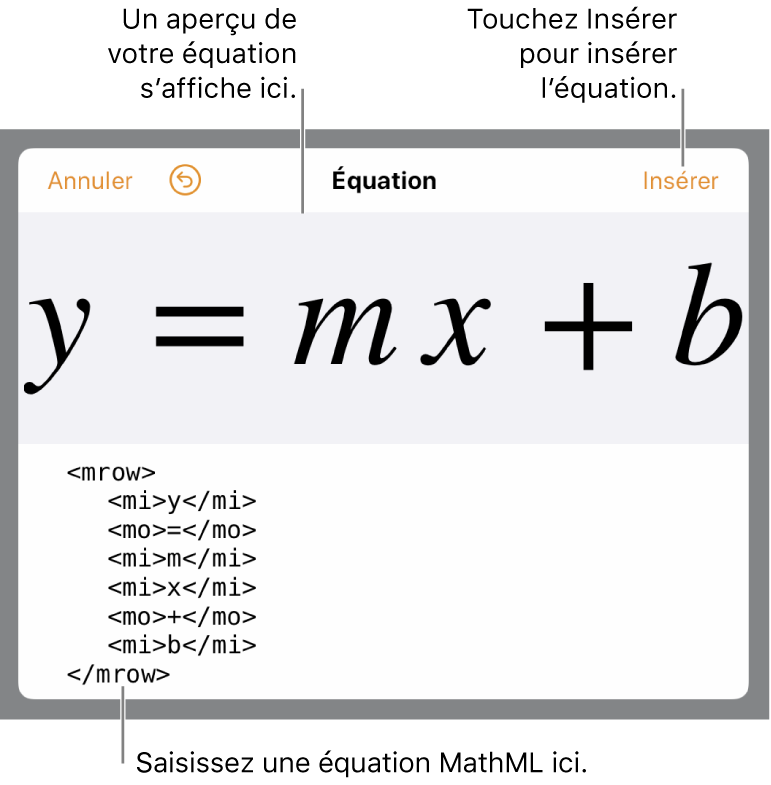 Code MathML de l’équation de la pente d’une droite et aperçu de la formule en haut.