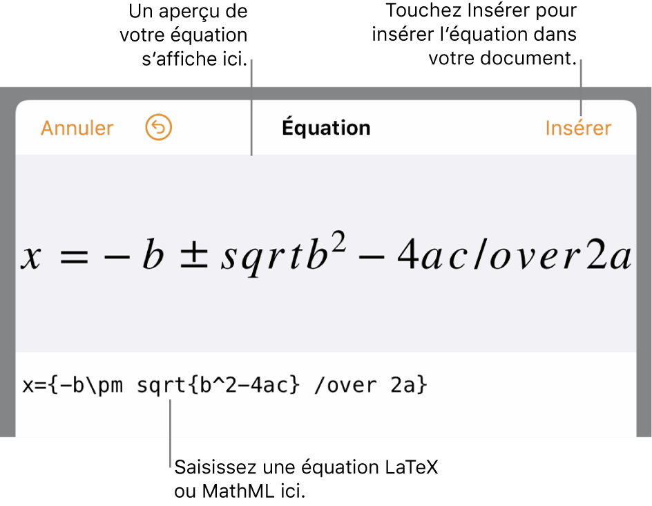 Zone de dialogue de modification d’équation, affichant la formule quadratique composée à l’aide des commandes LaTeX et aperçu de la formule au-dessus.