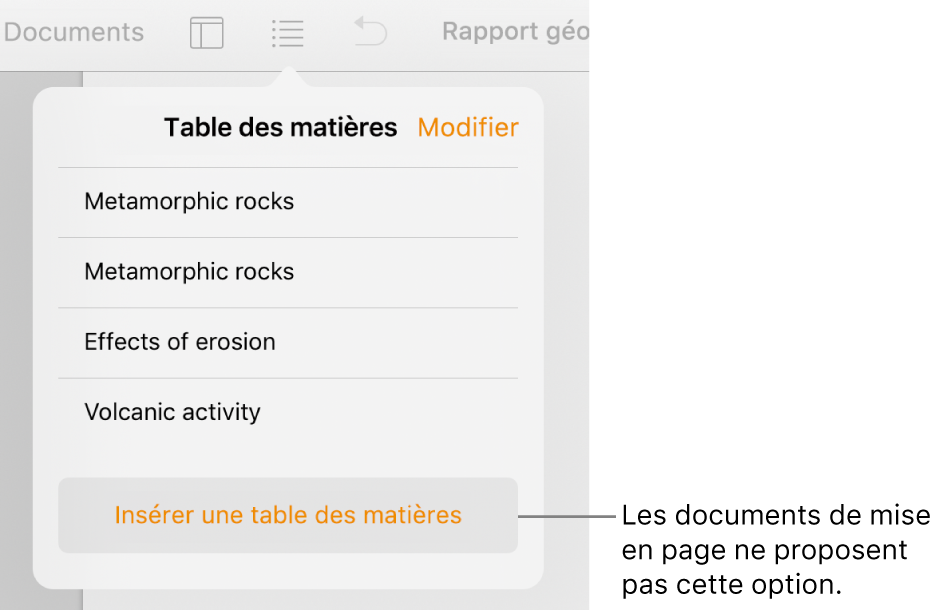 La présentation de la table des matières avec Modifier dans le coin supérieur gauche, et les entrées de la table des matières et le bouton « Insérer une table des matières » en bas.