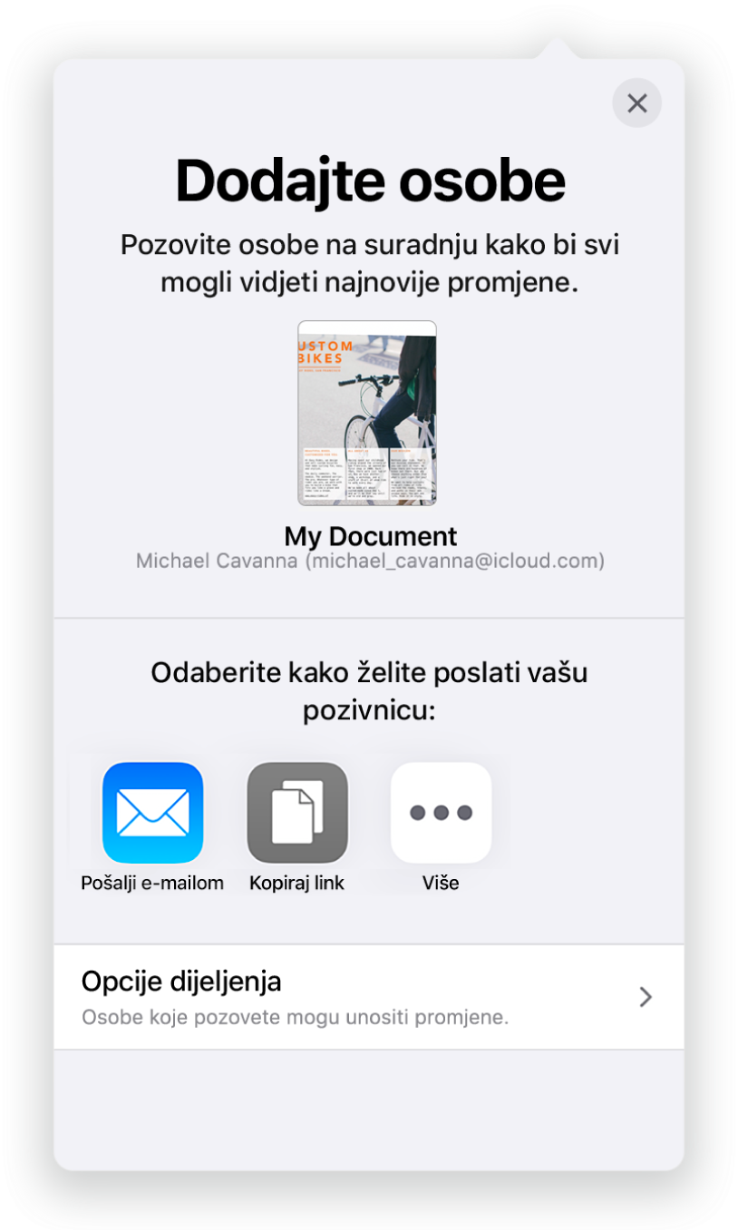 Zaslon Dodaj osobe prikazuje sliku dokumenta koji se dijeli. Ispod njega nalaze se tipke za načine slanja pozivnice, uključujući Mail, Kopiraj link i Ostalo. Na dnu se nalazi tipka Opcije dijeljenja.