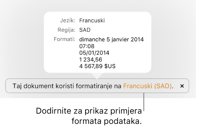 Obavijest o postavci drugog jezika i regije, pokazuje primjere formatiranja na tom jeziku i u toj regiji.