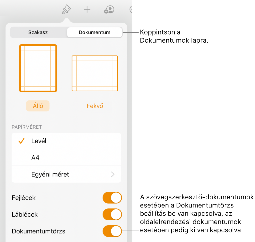 A Dokumentum formázás vezérlők a képernyő alján található bekapcsolt Dokumentumtörzs funkcióval.