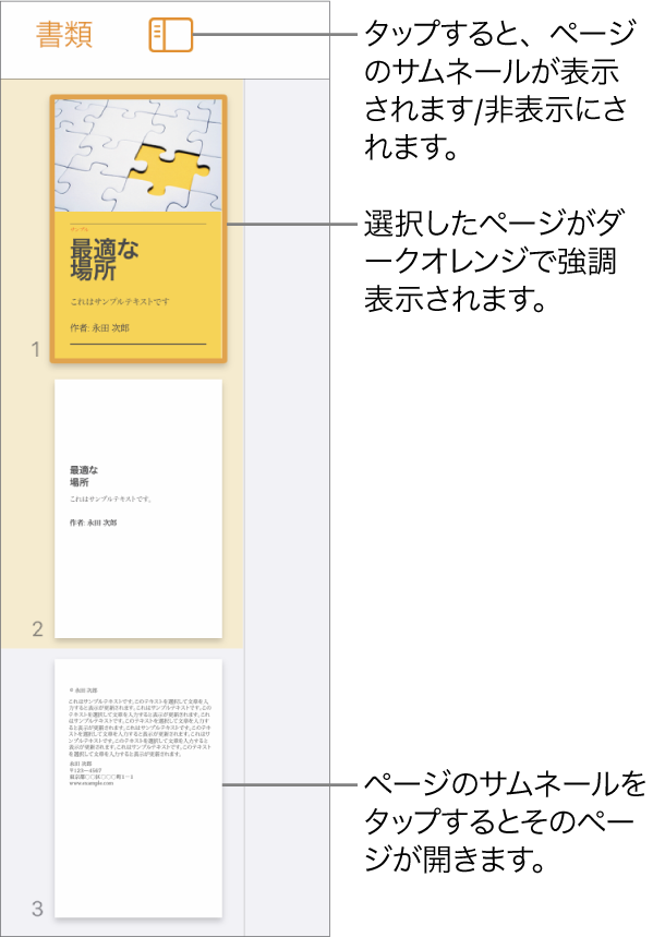 画面左側にあるページのサムネール表示。2ページのセクション、区切り線、次のセクションの1ページが表示されています。サムネールの上に「表示」ボタンがあります。