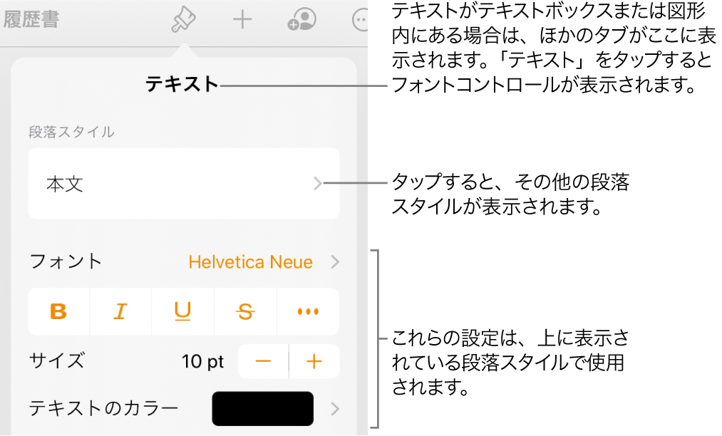 「フォーマット」メニュー。段落と文字のスタイル、フォント、サイズ、色を設定するためのテキストコントロールが表示されています。