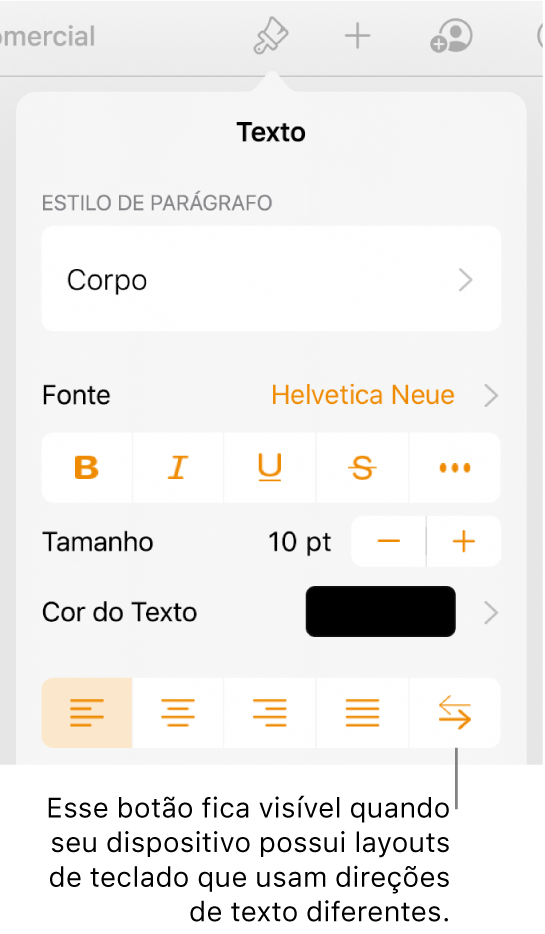 Controles de texto no menu Formatar com uma chamada apontando para o botão da esquerda para a direita.