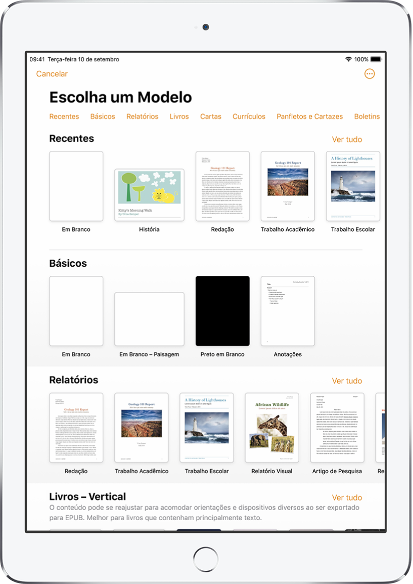 Seletor de modelos, mostrando uma linha de categorias na parte superior na qual você pode tocar para filtrar as opções. Abaixo estão miniaturas de modelos predefinidos organizadas em linhas por categoria, começando com Recentes na parte superior e seguidas por Básico e Relatórios. O botão Ver Tudo aparece acima e à direita de cada linha de categoria. O botão Idioma e Região está no canto superior direito.