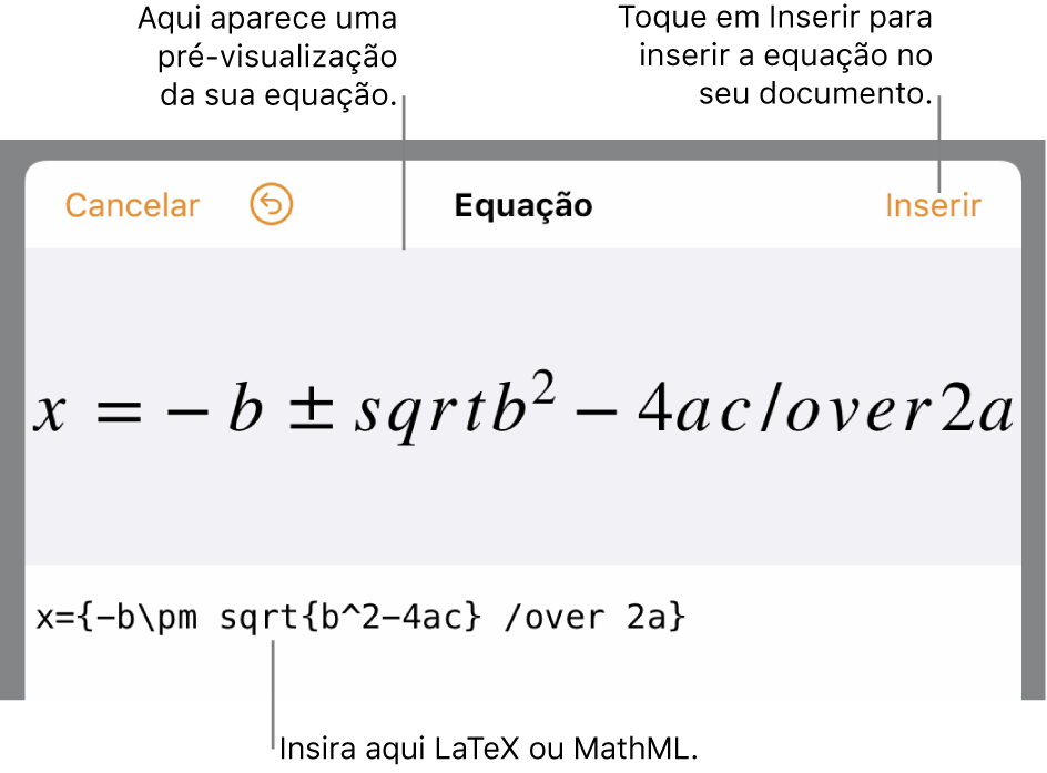 O diálogo de edição da equação, com a fórmula quadrática escrita com comandos LaTeX e uma pré-visualização da fórmula acima dele.