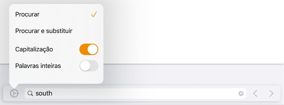 O menu de opções de pesquisa com Procurar, “Procurar e substituir”, “Caixa alta/baixa” e “Palavras inteiras”.