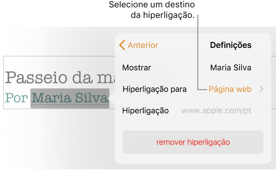O pop-over de Definições, que contém um campo Mostrar, Ligar a (definido para a página Web) e o campo Hiperligação. O botão Remover hiperligação encontra-se na parte inferior do pop-over.