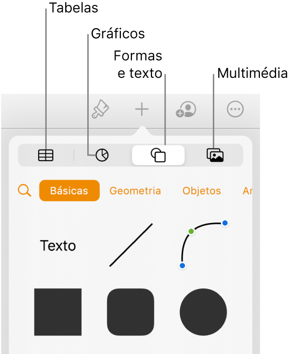 Surge na parte superior o pop-up Inserir com botões para adicionar tabelas, gráficos, texto, formas e multimédia.