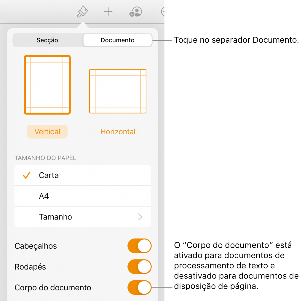 Os controlos de formatação do Documento com a opção “Corpo do documento” ativada perto da parte inferior do ecrã